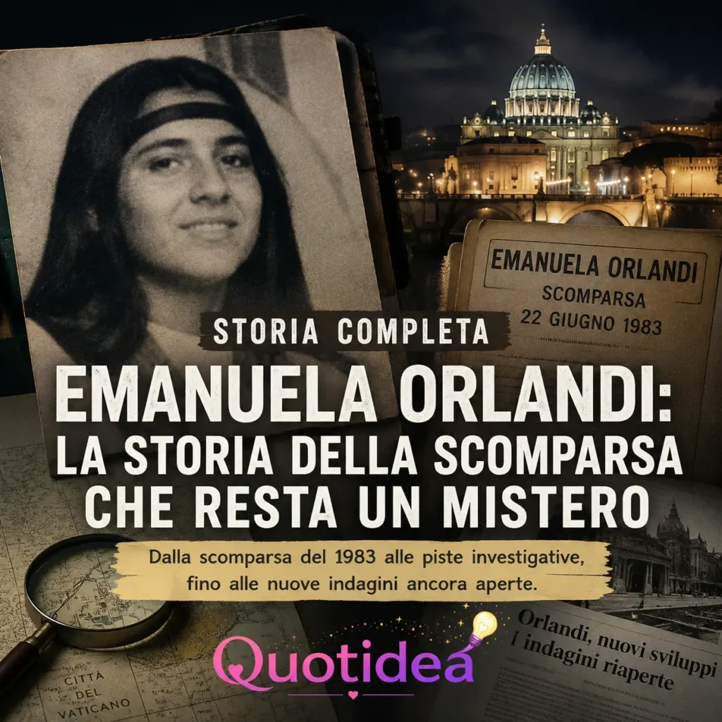 Grafica di copertina dedicata alla storia completa del caso Emanuela Orlandi, con fotografia della ragazza, documenti investigativi, una lente d'ingrandimento e la Basilica di San Pietro sullo sfondo.
