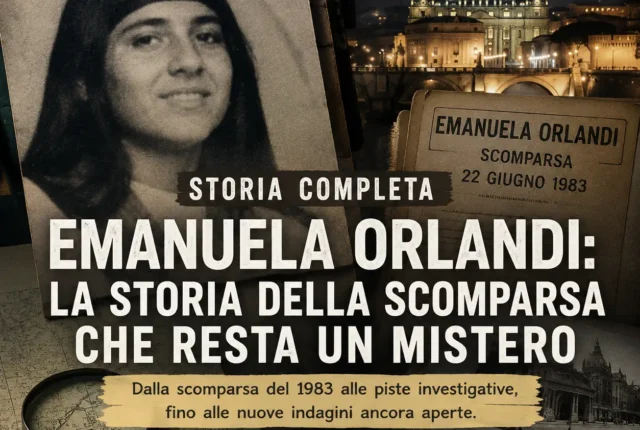 Grafica di copertina dedicata alla storia completa del caso Emanuela Orlandi, con fotografia della ragazza, documenti investigativi, una lente d'ingrandimento e la Basilica di San Pietro sullo sfondo.