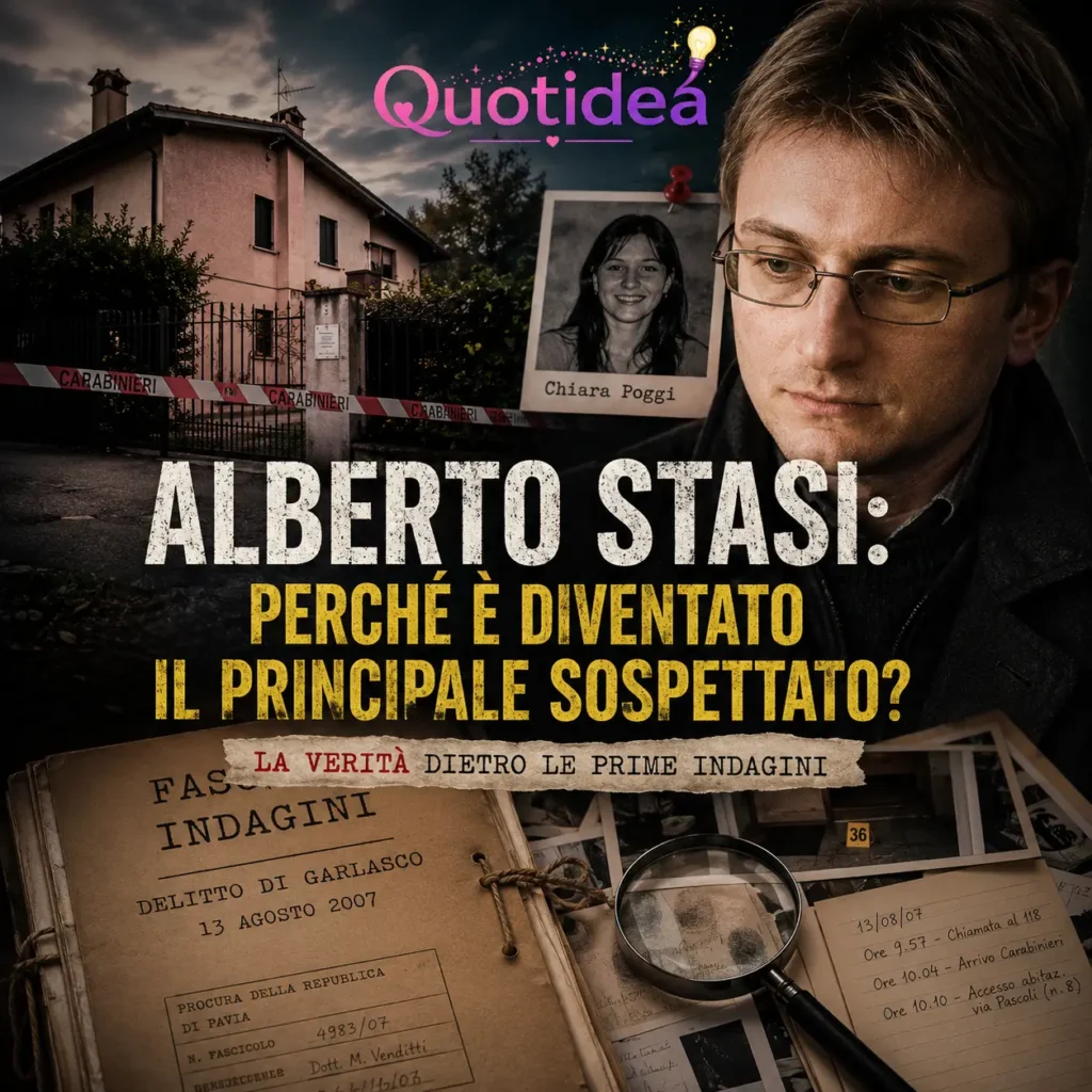 Copertina dedicata al caso Garlasco con Alberto Stasi in primo piano, la villetta di Chiara Poggi sullo sfondo e fascicoli delle prime indagini.