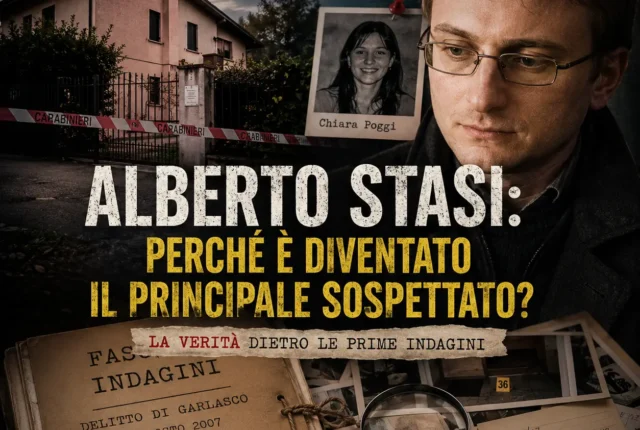 Copertina dedicata al caso Garlasco con Alberto Stasi in primo piano, la villetta di Chiara Poggi sullo sfondo e fascicoli delle prime indagini.