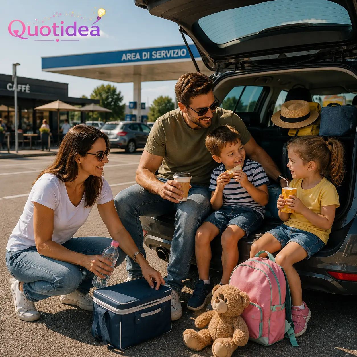Famiglia con bambini piccoli durante una pausa in un'area di servizio mentre si prepara a riprendere il viaggio
