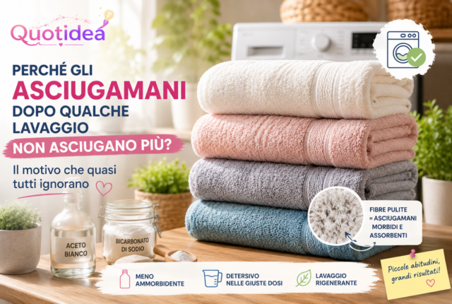 Asciugamani puliti e morbidi piegati davanti a una lavatrice con aceto e bicarbonato, simboli dei corretti metodi di lavaggio per mantenerli assorbenti.