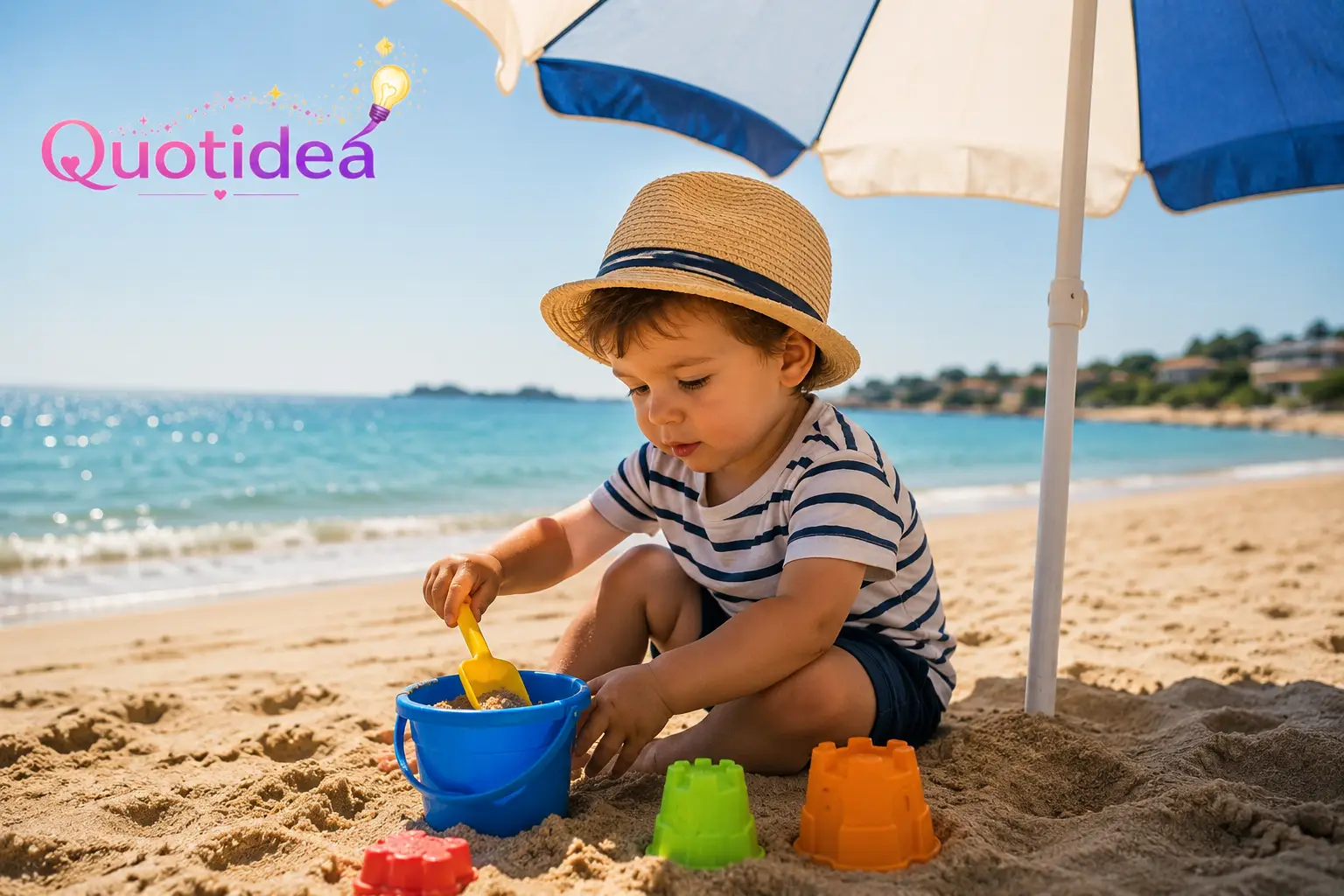 Bambino con cappellino mentre gioca all'ombra sotto un ombrellone in spiaggia