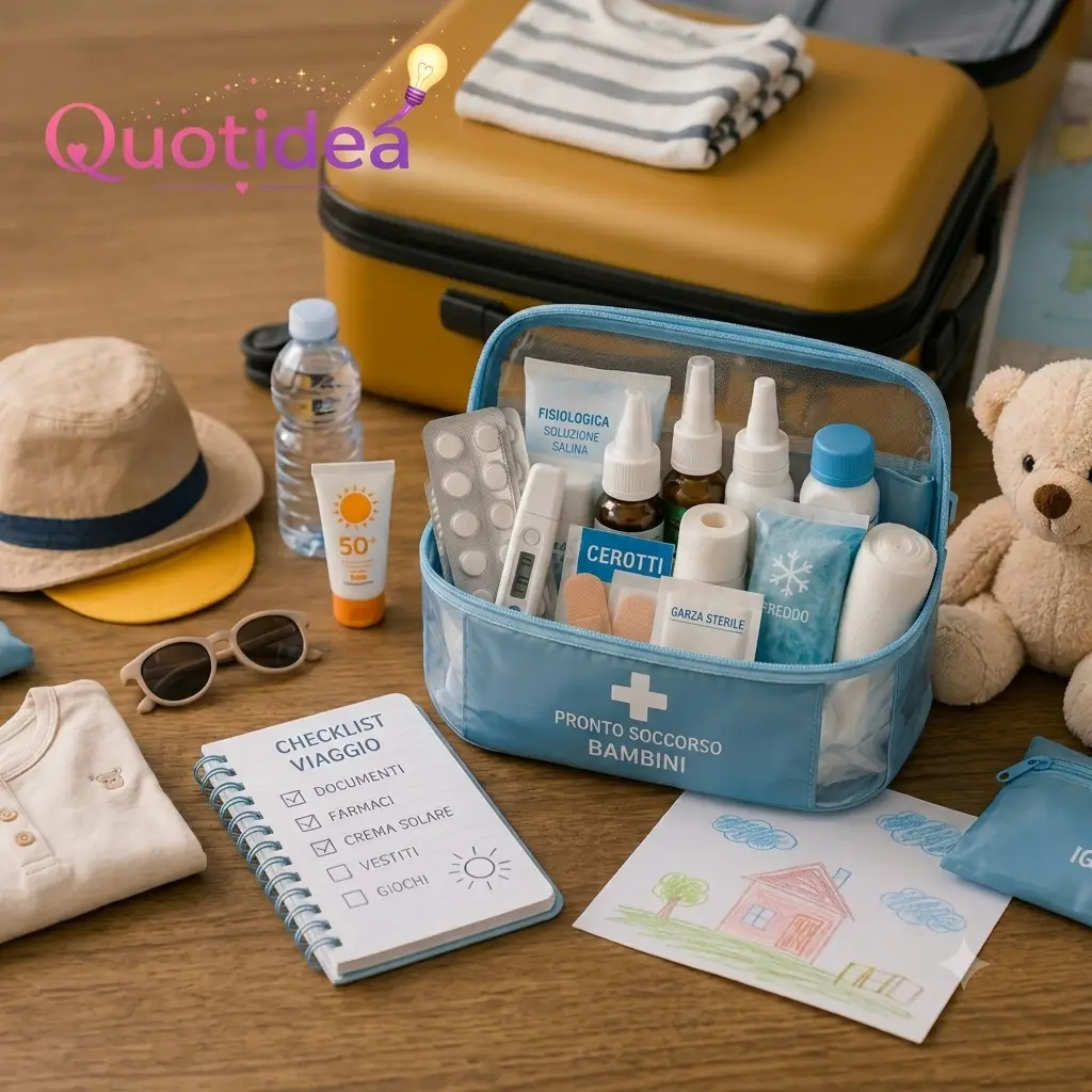 Copertina quadrata per l'articolo della valigia dei bambini, con kit di pronto soccorso, checklist cartacea su taccuino e orsetto di peluche, con logo Quotidea.