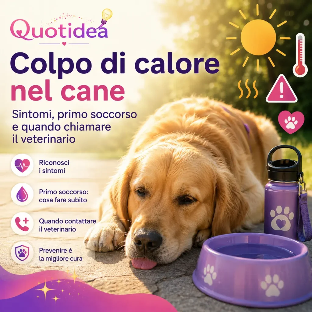 Golden Retriever sdraiato accanto a una ciotola d'acqua durante una giornata molto calda, immagine dedicata al colpo di calore nel cane e alla prevenzione estiva.