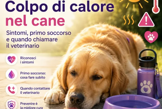 Golden Retriever sdraiato accanto a una ciotola d'acqua durante una giornata molto calda, immagine dedicata al colpo di calore nel cane e alla prevenzione estiva.