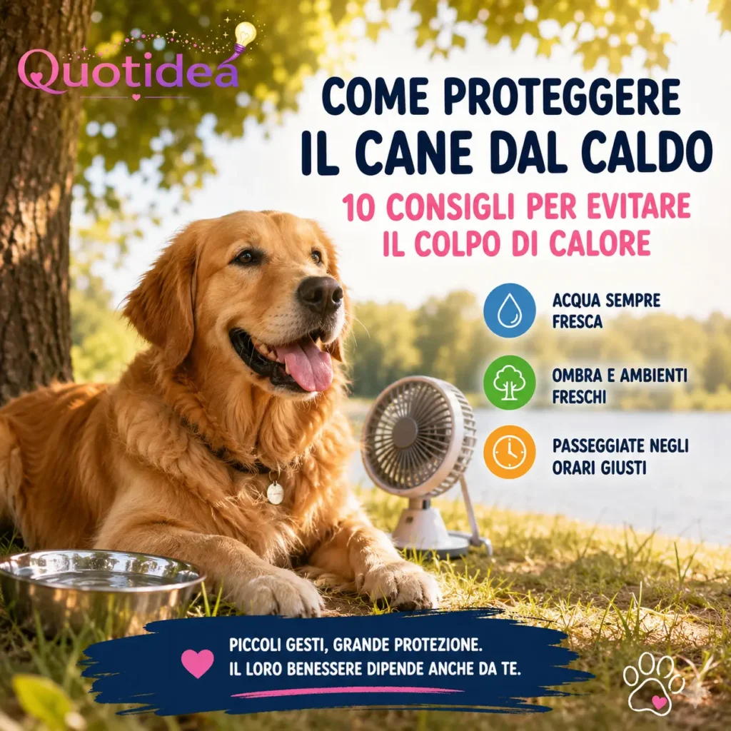Golden Retriever all'ombra con acqua fresca e ventilatore durante una giornata estiva per prevenire il colpo di calore.