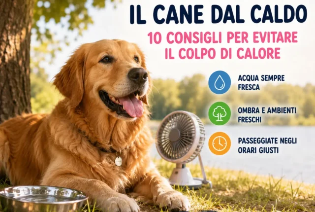 Golden Retriever all'ombra con acqua fresca e ventilatore durante una giornata estiva per prevenire il colpo di calore.