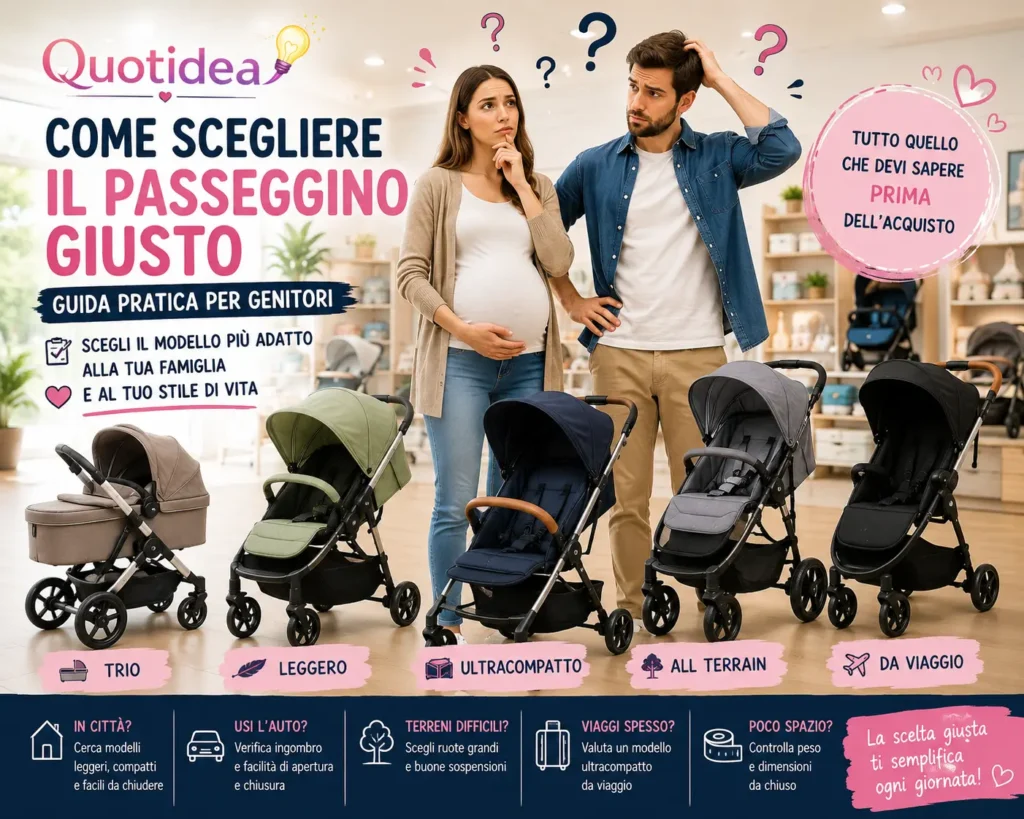 Futuri genitori confrontano diversi modelli di passeggino, dal trio al passeggino da viaggio, per scegliere quello più adatto alle proprie esigenze.
