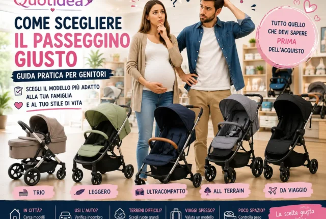 Futuri genitori confrontano diversi modelli di passeggino, dal trio al passeggino da viaggio, per scegliere quello più adatto alle proprie esigenze.