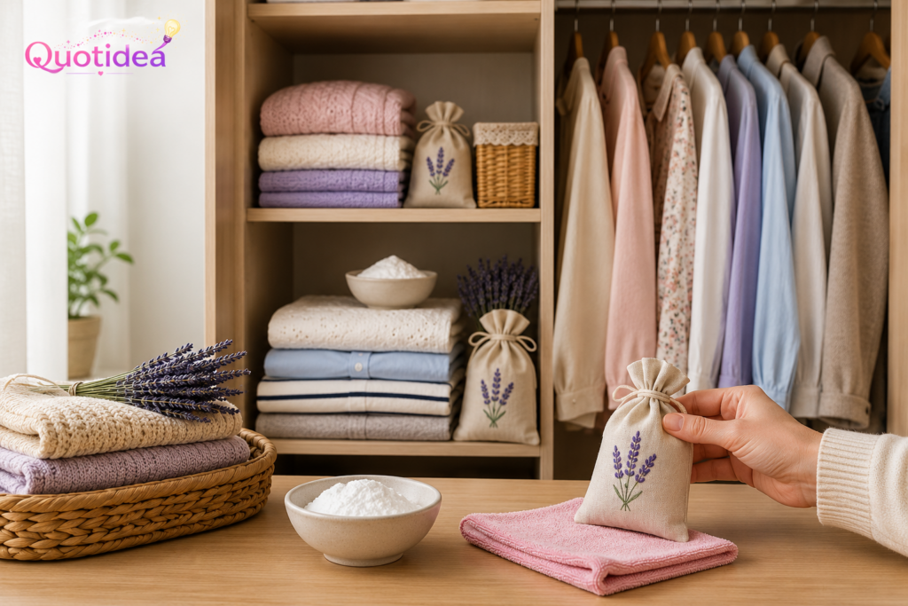 Armadio ordinato con vestiti piegati, sacchetti alla lavanda e bicarbonato di sodio per eliminare naturalmente l'odore di chiuso.