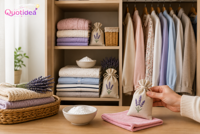 Armadio ordinato con vestiti piegati, sacchetti alla lavanda e bicarbonato di sodio per eliminare naturalmente l'odore di chiuso.