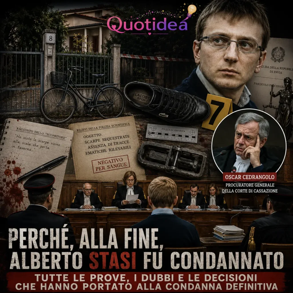 Copertina dedicata al caso Garlasco con Alberto Stasi, la villetta di Chiara Poggi, la bicicletta, le scarpe sequestrate, il fascicolo processuale, l'aula della Corte di Cassazione e Oscar Cedrangolo.