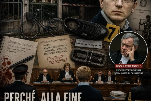 Copertina dedicata al caso Garlasco con Alberto Stasi, la villetta di Chiara Poggi, la bicicletta, le scarpe sequestrate, il fascicolo processuale, l'aula della Corte di Cassazione e Oscar Cedrangolo.
