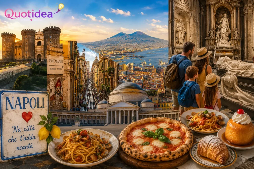 Famiglia in visita a Napoli con sullo sfondo il Vesuvio, il lungomare, monumenti simbolo e una selezione di piatti tipici napoletani come pizza, sfogliatella e cuoppo.