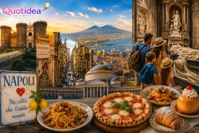 Famiglia in visita a Napoli con sullo sfondo il Vesuvio, il lungomare, monumenti simbolo e una selezione di piatti tipici napoletani come pizza, sfogliatella e cuoppo.
