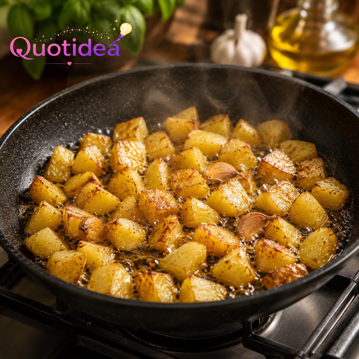 Patate tagliate a cubetti che cuociono in padella con olio extravergine d'oliva e spicchi d'aglio