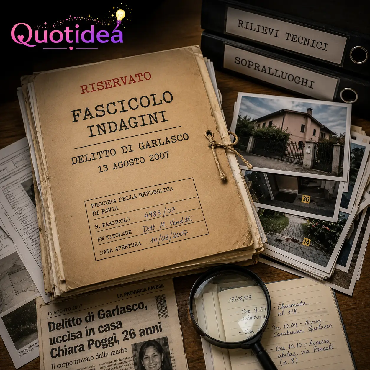 Documenti e fascicoli delle indagini sul delitto di Garlasco utilizzati durante gli accertamenti investigativi.