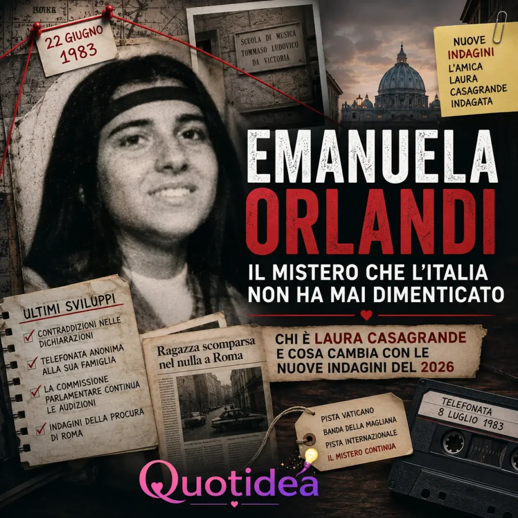 Grafica di copertina dedicata al caso di Emanuela Orlandi, con una fotografia della ragazza, documenti investigativi, ritagli di giornale e riferimenti alle nuove indagini del 2026.