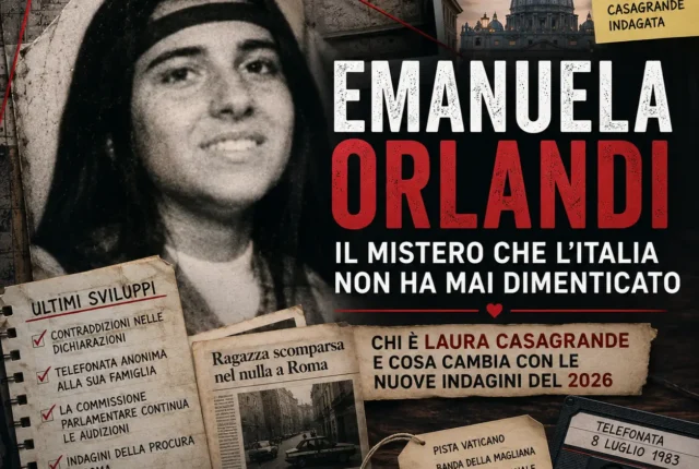 Grafica di copertina dedicata al caso di Emanuela Orlandi, con una fotografia della ragazza, documenti investigativi, ritagli di giornale e riferimenti alle nuove indagini del 2026.