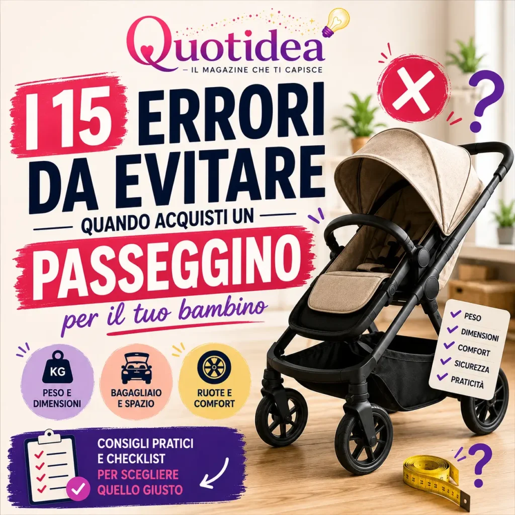 Passeggino moderno con grafica che evidenzia i principali errori da evitare prima dell'acquisto