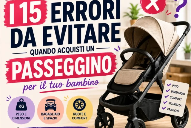 Passeggino moderno con grafica che evidenzia i principali errori da evitare prima dell'acquisto