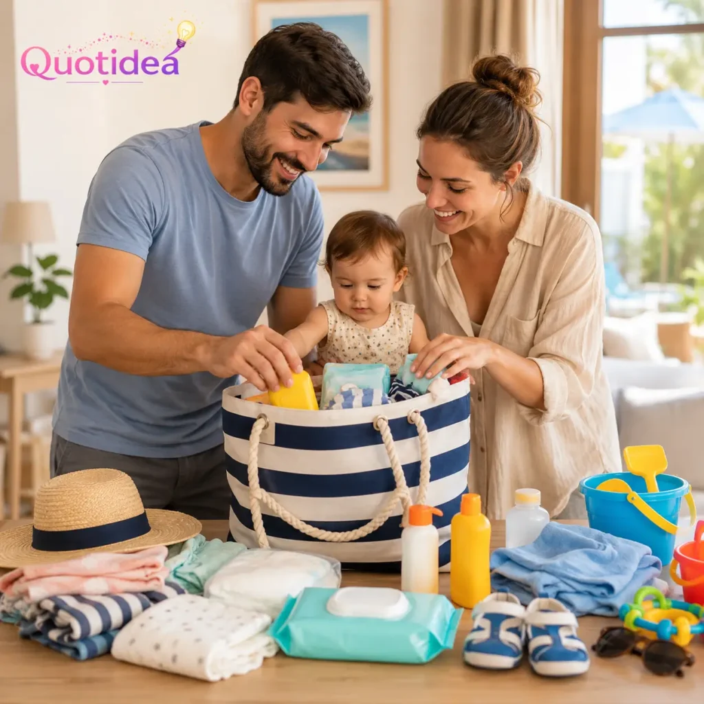 Mamma e papà preparano insieme la borsa da spiaggia con il loro bambino piccolo, organizzando tutto il necessario per una vacanza in famiglia.