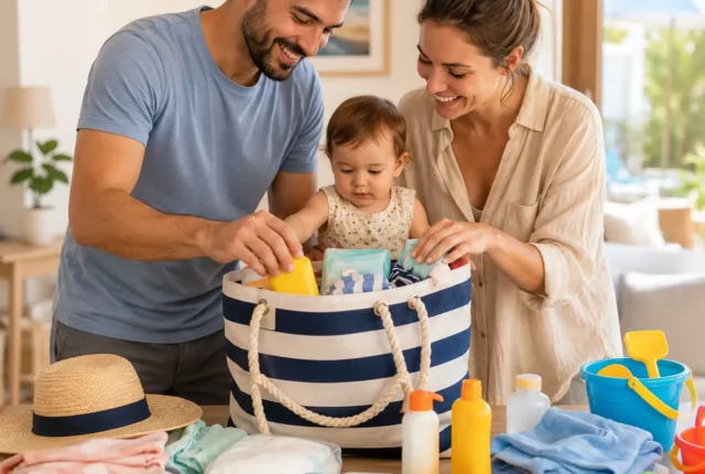 Mamma e papà preparano insieme la borsa da spiaggia con il loro bambino piccolo, organizzando tutto il necessario per una vacanza in famiglia.