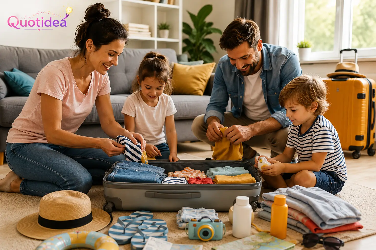 Famiglia che prepara le valigie prima della partenza per una vacanza estiva con bambini piccoli
