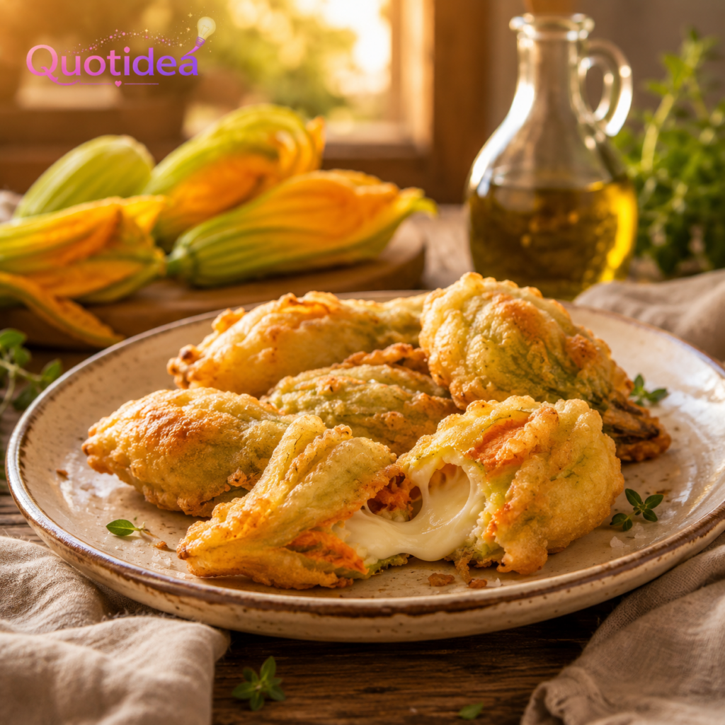 Piatto di fiori di zucca fritti dorati e croccanti con cuore filante di mozzarella, serviti su un tavolo rustico in stile italiano.