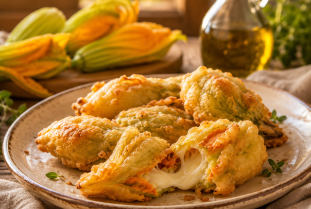 Piatto di fiori di zucca fritti dorati e croccanti con cuore filante di mozzarella, serviti su un tavolo rustico in stile italiano.