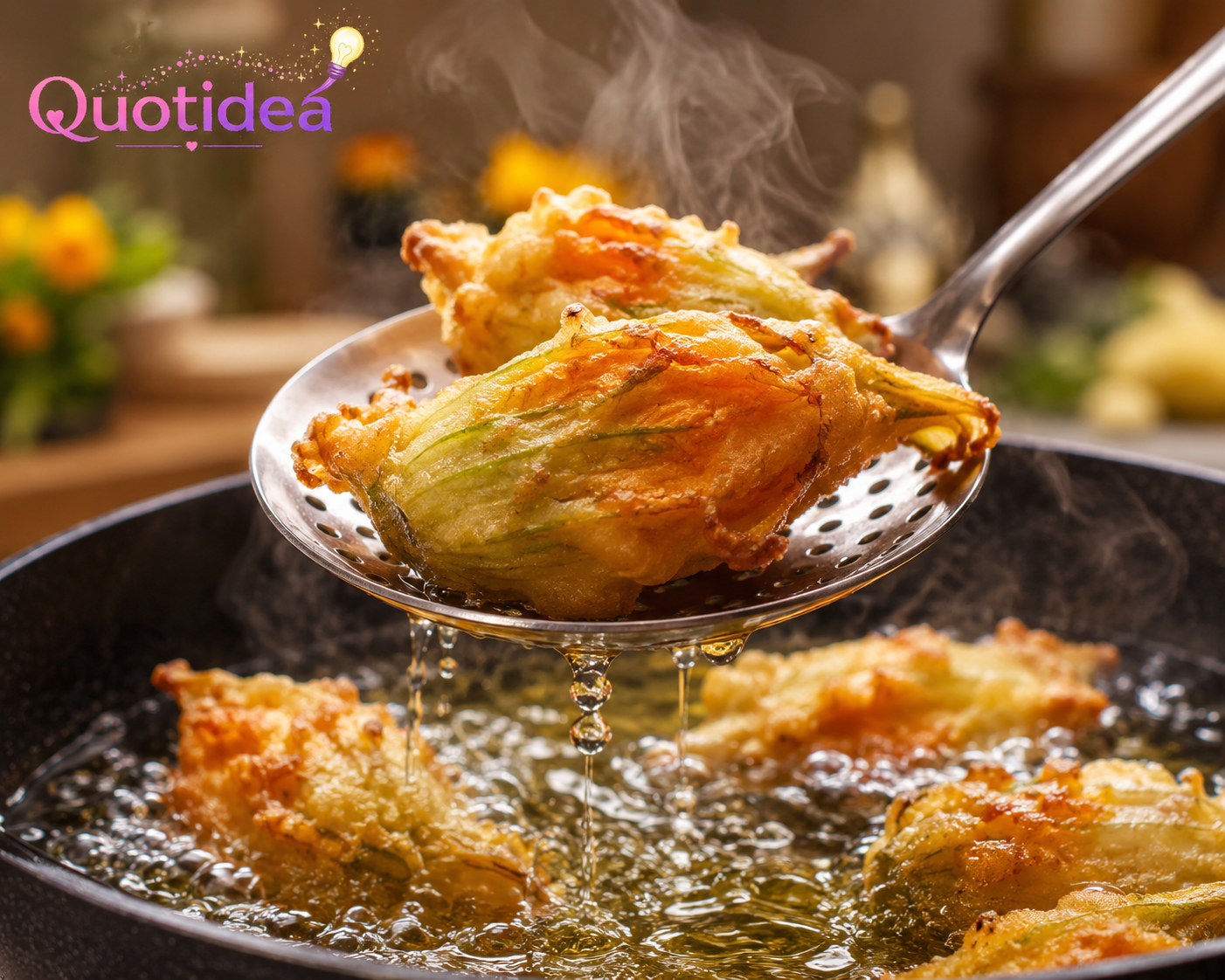 Fiori di zucca fritti dorati sollevati dall’olio caldo con una schiumarola