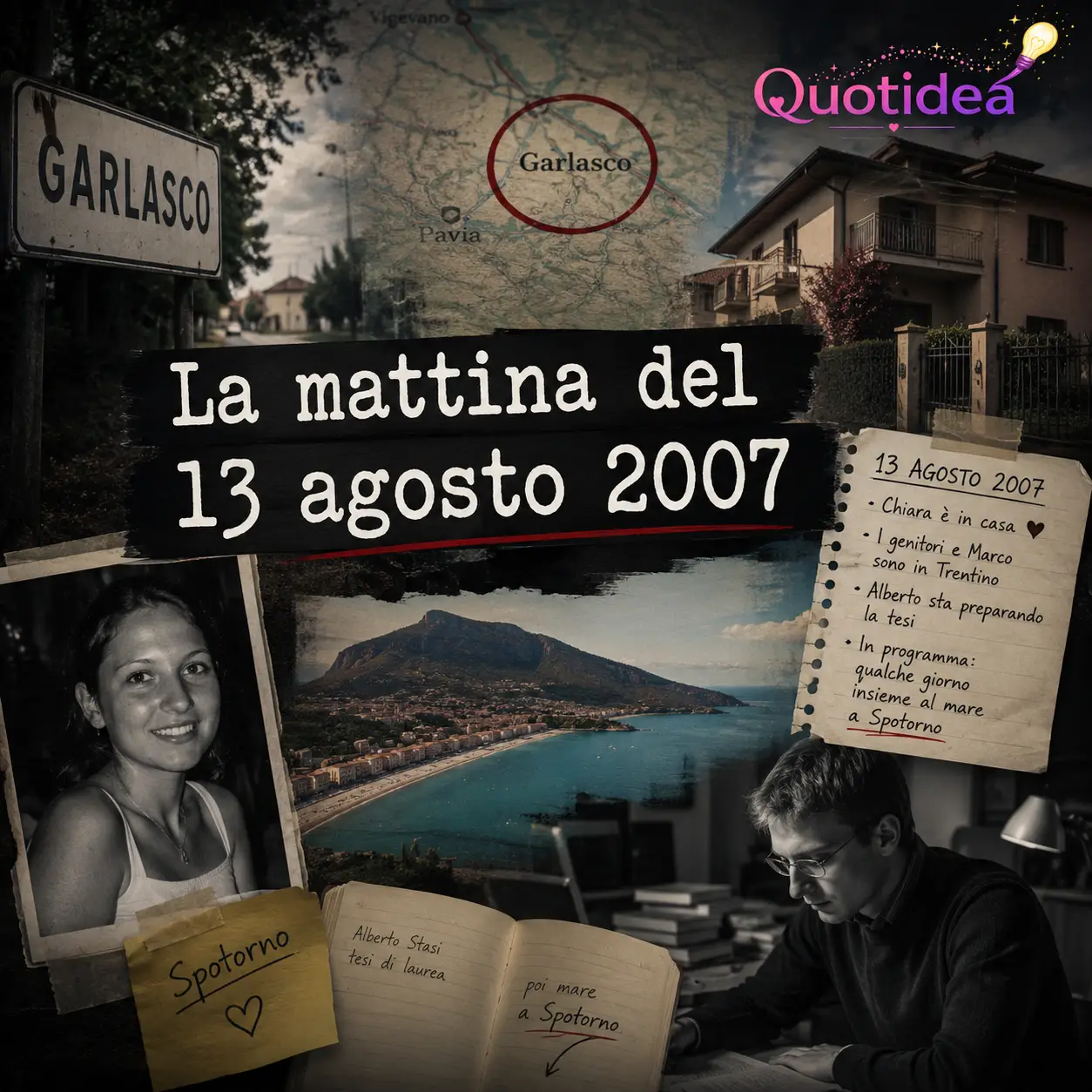 Collage investigativo sul caso Garlasco con la villetta di Chiara Poggi, documenti, appunti e riferimenti alle indagini sul delitto.