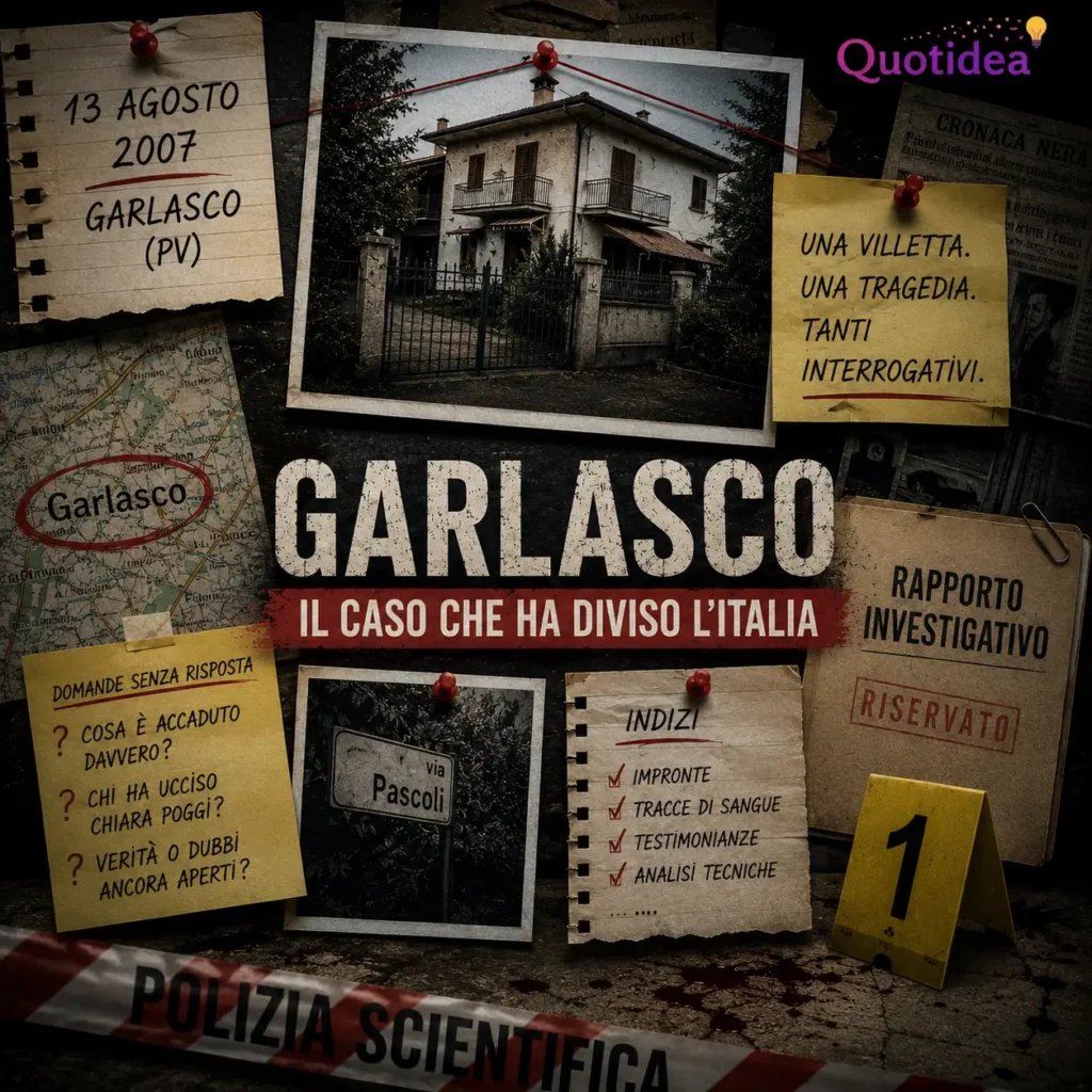 Collage investigativo dedicato al caso Garlasco con la villetta di Chiara Poggi, documenti, appunti e riferimenti all'inchiesta