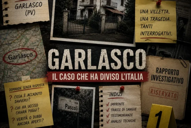 Collage investigativo dedicato al caso Garlasco con la villetta di Chiara Poggi, documenti, appunti e riferimenti all'inchiesta