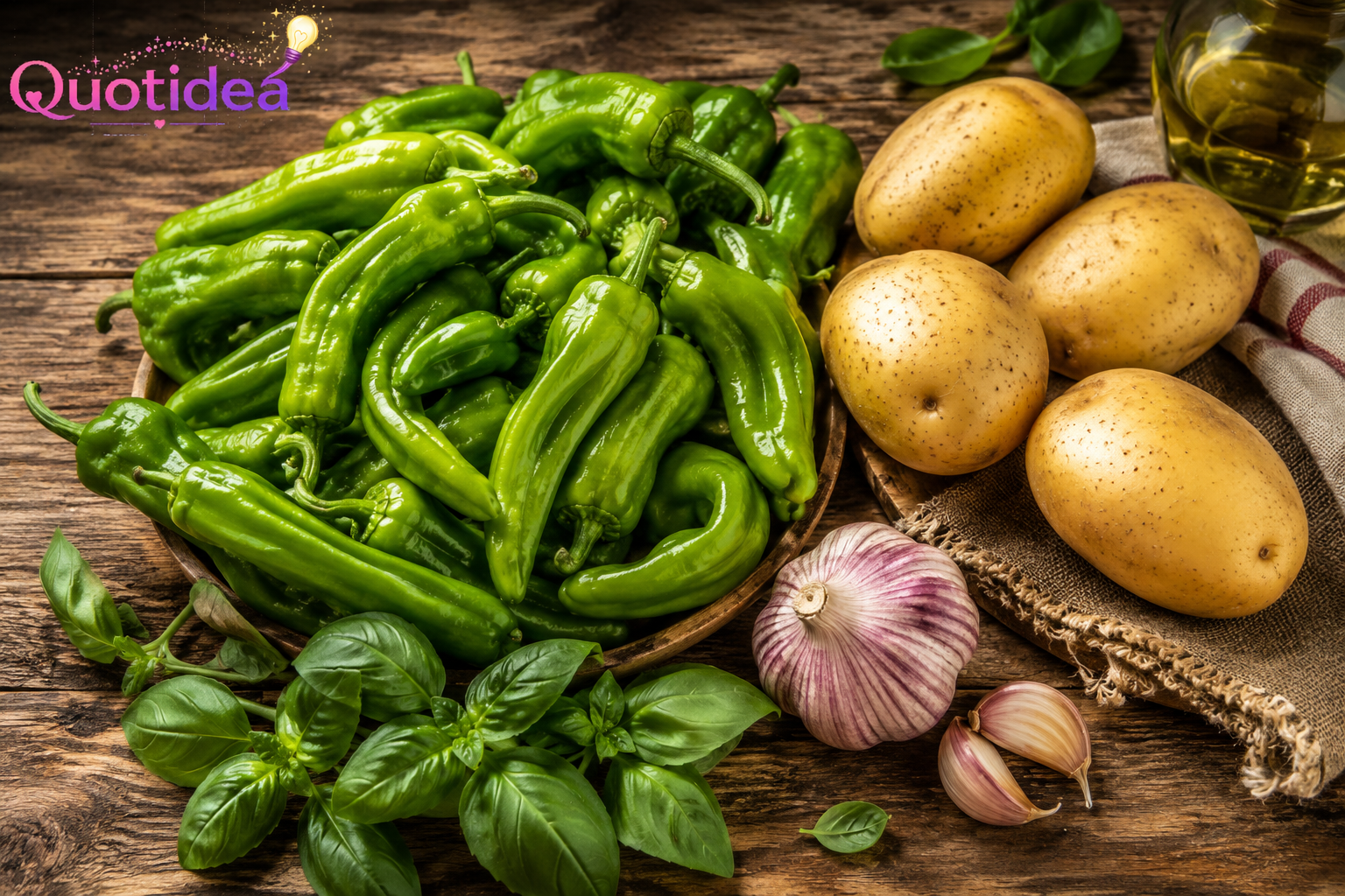 Friggitelli freschi, patate, aglio, basilico e olio extravergine d'oliva pronti per preparare patate e friggitelli in padella