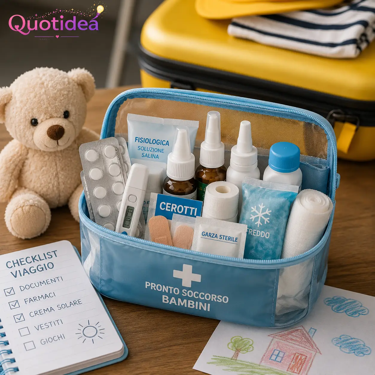 Kit di pronto soccorso da viaggio con farmaci essenziali per bambini
