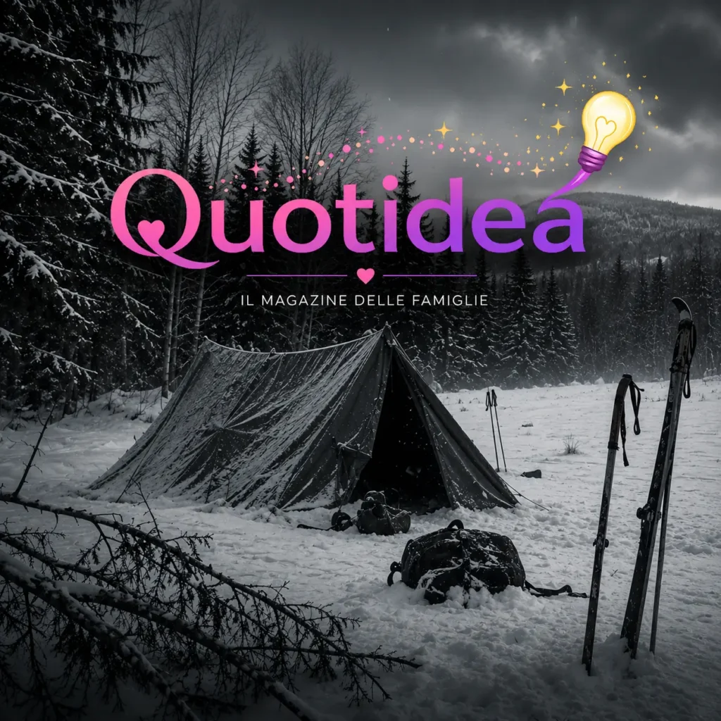 Tenda solitaria sulla neve nelle montagne degli Urali durante una tempesta invernale