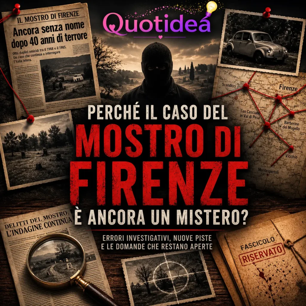 Copertina editoriale dedicata al caso del Mostro di Firenze con documenti investigativi, mappa delle indagini, fotografie d'epoca e la sagoma dell'assassino sullo sfondo.