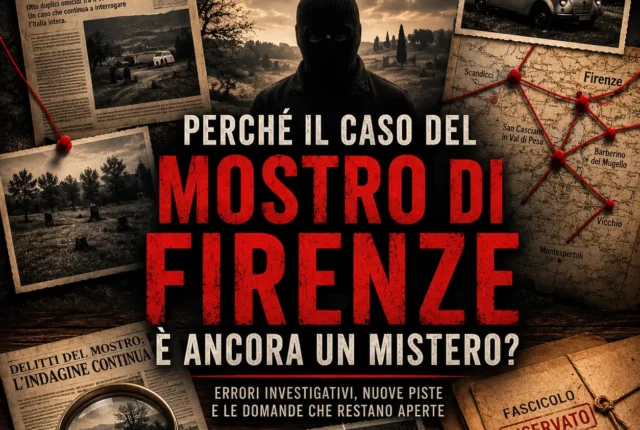 Copertina editoriale dedicata al caso del Mostro di Firenze con documenti investigativi, mappa delle indagini, fotografie d'epoca e la sagoma dell'assassino sullo sfondo.