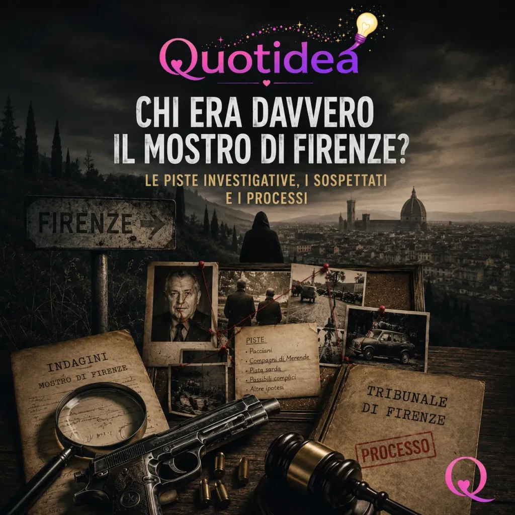 Illustrazione del caso del Mostro di Firenze con documenti investigativi, fotografie, tribunale e panorama di Firenze, dedicata alle piste investigative e ai processi.