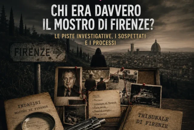Illustrazione del caso del Mostro di Firenze con documenti investigativi, fotografie, tribunale e panorama di Firenze, dedicata alle piste investigative e ai processi.