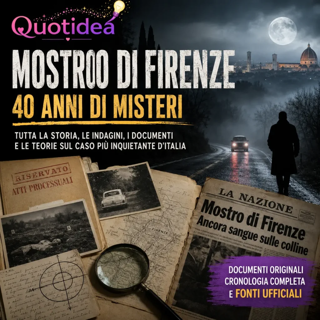 Copertina editoriale del caso del Mostro di Firenze con fascicolo investigativo, documenti, mappa delle campagne fiorentine e strada notturna.