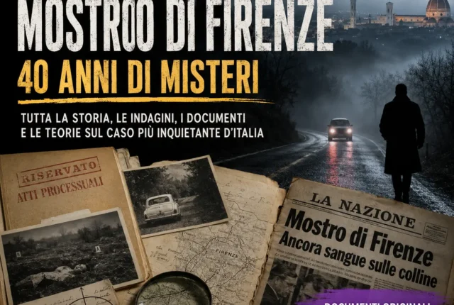 Copertina editoriale del caso del Mostro di Firenze con fascicolo investigativo, documenti, mappa delle campagne fiorentine e strada notturna.
