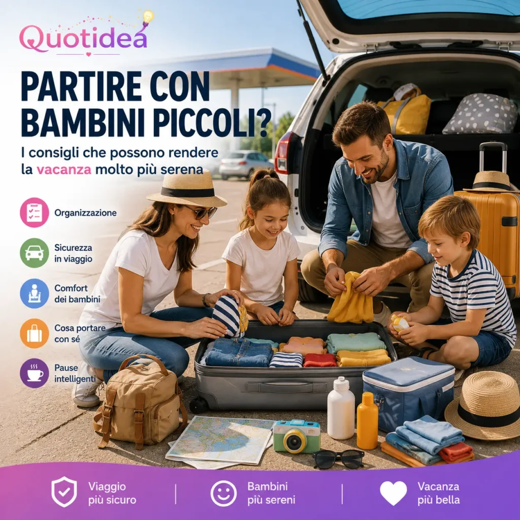 Famiglia con due bambini durante una sosta in auto mentre prepara la valigia prima di riprendere il viaggio per le vacanze estive.