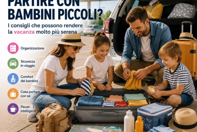 Famiglia con due bambini durante una sosta in auto mentre prepara la valigia prima di riprendere il viaggio per le vacanze estive.