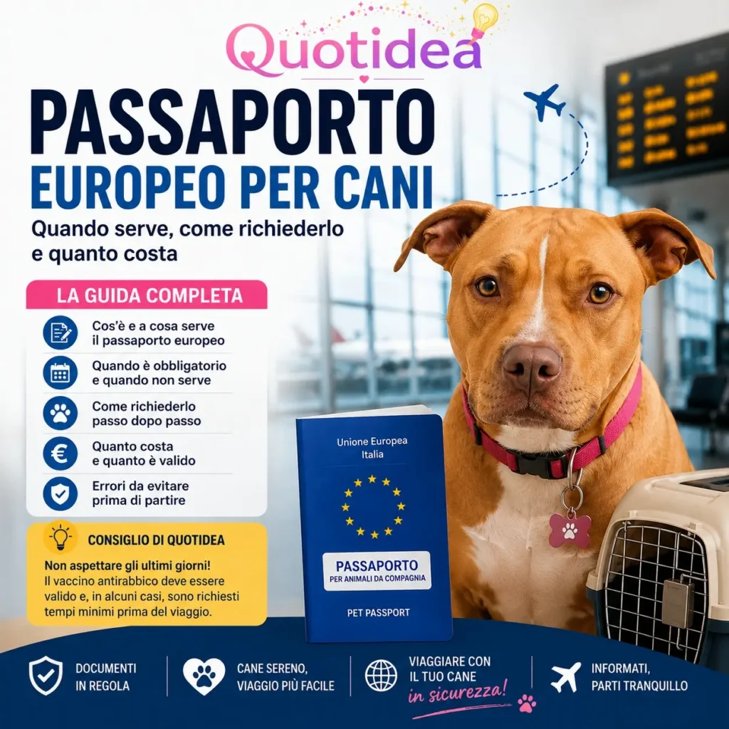 Pitbull Terrier fulvo con passaporto europeo per animali da compagnia e trasportino in aeroporto, immagine illustrativa della guida su documenti e requisiti per viaggiare con il cane.