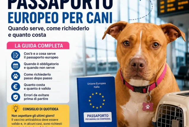 Pitbull Terrier fulvo con passaporto europeo per animali da compagnia e trasportino in aeroporto, immagine illustrativa della guida su documenti e requisiti per viaggiare con il cane.