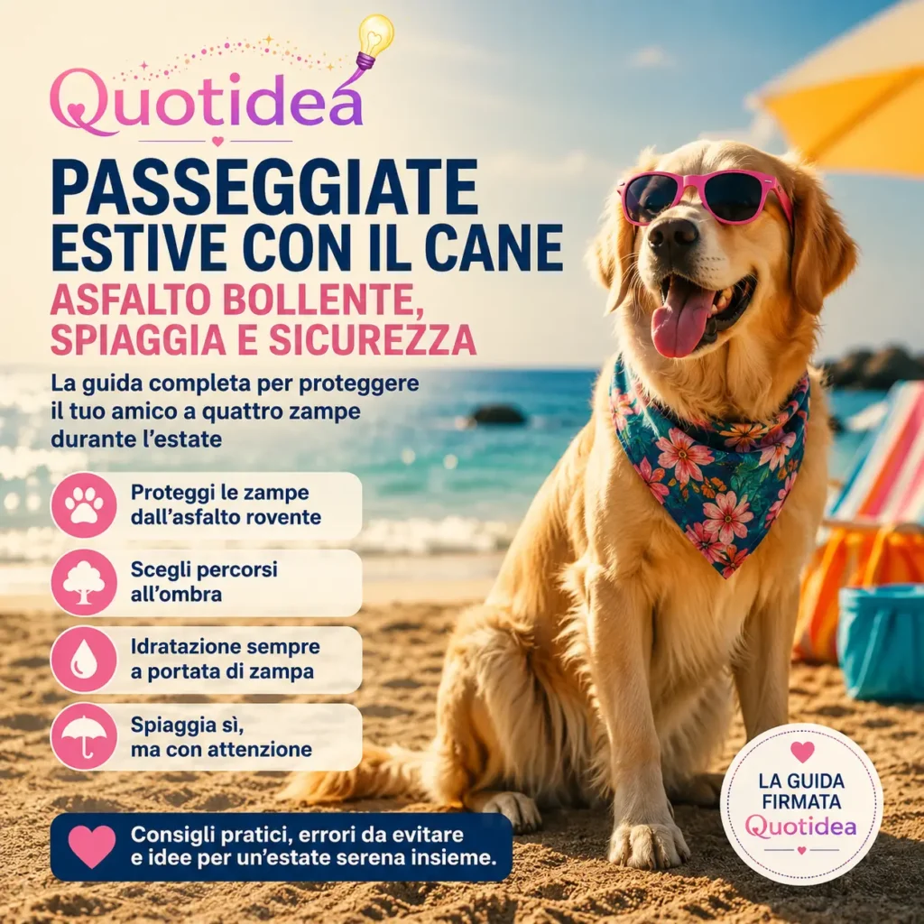 Golden Retriever con occhiali da sole seduto sulla spiaggia durante l'estate, immagine dedicata ai consigli per passeggiate sicure con il cane tra asfalto bollente, spiaggia e caldo.