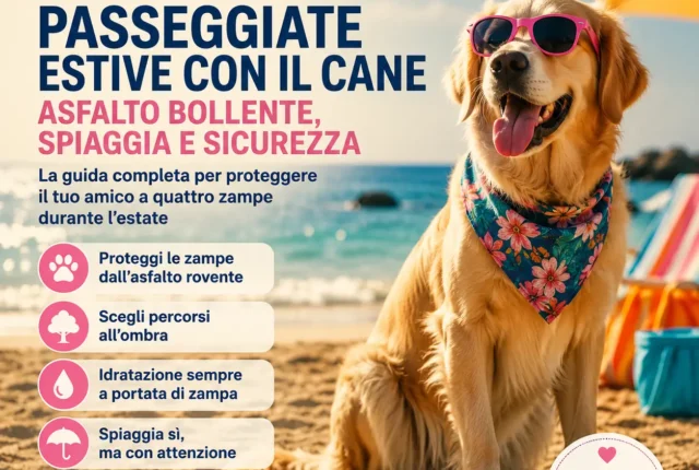 Golden Retriever con occhiali da sole seduto sulla spiaggia durante l'estate, immagine dedicata ai consigli per passeggiate sicure con il cane tra asfalto bollente, spiaggia e caldo.